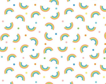 Peut inclure: Un motif sans couture composé d'arcs-en-ciel colorés et de petits points de différentes couleurs sur un fond blanc.
