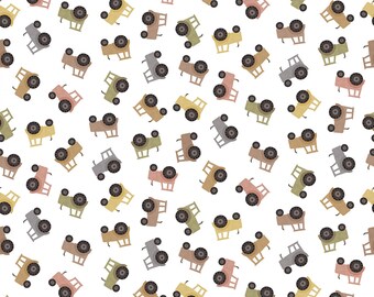 May include: A repeating pattern of cartoon tractors in various colors, including gray, brown, yellow, and green, against a white background. The tractors are depicted from a top-down perspective, with their wheels and other details visible.