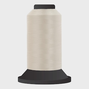 May include: A spool of off-white thread with a black base and top. The thread is tightly wound around the spool, creating a cylindrical shape. The image is a studio shot with a plain background.
