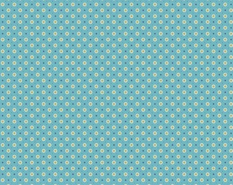 May include: A teal blue fabric with a repeating pattern of small white circles with a yellow center and tiny blue dots in between.