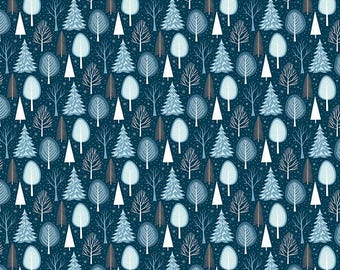 May include: A fabric with a repeating pattern of stylized trees in shades of blue, white, and brown against a dark blue background. The design includes various tree shapes, including firs, deciduous trees, and triangular trees. The fabric is 12 inches wide.