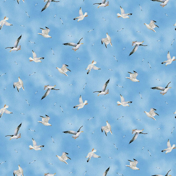 Beach Bound Seagulls Blue by Barb Tourtillotte for Henry Glass & Co 608-11 Fabric is Sold in HALF yard increments