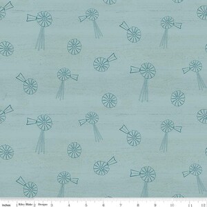 May include: A seamless pattern featuring a repeating design of blue windmills on a light blue background. The windmills are stylized and have a simple design.