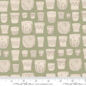 May include: Fabric with a repeating pattern of various white and beige plant pots on a light green background. The pots feature different designs, including floral and geometric patterns. The fabric is suitable for sewing and crafting projects.