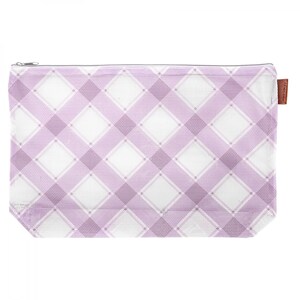 May include: A purple and white gingham mesh zippered pouch. The pouch is made of a see-through mesh material with a gingham pattern.