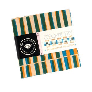 May include: A stack of 42 fabric squares from the Ruby Star Society. The fabric has a geometric pattern of vertical stripes in teal, orange, and green on a cream background. The package is labeled "Geometry Collaborative Collection."