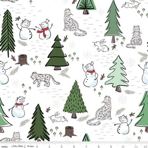 May include: White fabric with a repeating pattern of snowmen, snow leopards, pine trees, and rabbits. The pattern is drawn in black and green with red accents.