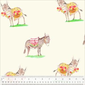 May include: A white background with a repeating pattern of brown donkeys carrying baskets of fruit. The donkeys are drawn in a cartoon style with colorful details.