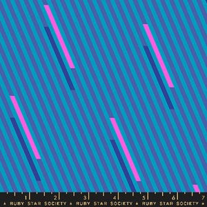 May include: Abstract geometric pattern with diagonal stripes in shades of blue and pink. The pattern is repeated across the fabric.
