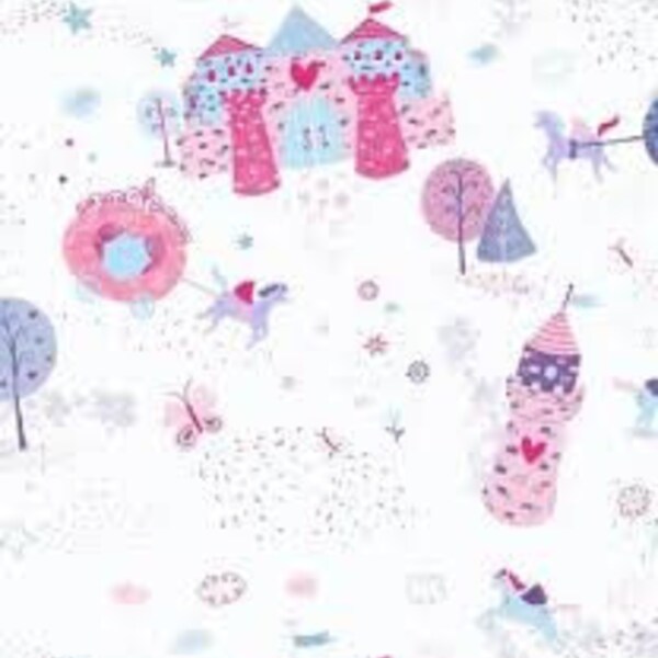 White castle Unicorn Kisses by Lucy Crovatto for Studio e Fabrics,White castle. Unicorn fabric 4053 15 unicorn.Sold in HALF yard increments