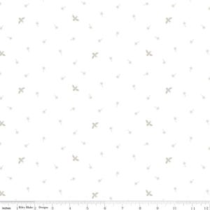 May include: White fabric with a repeating pattern of light gray bees and dandelion seed heads. The design is scattered across the surface, creating a delicate and airy feel. The fabric is measured in inches.