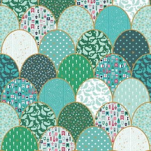 Ahoy! Mermaids Clamshell Cheater 1 Yard Panel Green Melissa Mortenson for Riley Blake Designs SP10347 GREEN