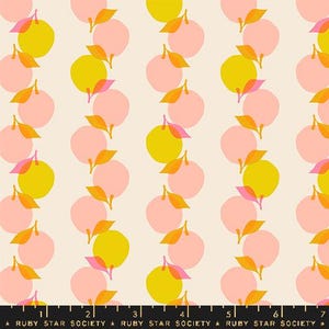 May include: A seamless pattern featuring alternating rows of yellow and pink circles with overlapping green leaves. The background is a light cream color.