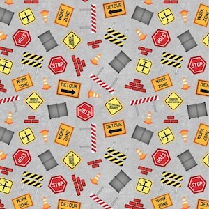 May include: A seamless pattern featuring various construction signs, including "Work Zone", "Detour", "Stop", and "Under Construction". The signs are in yellow, red, and black, and are set against a gray background. There are also images of barrels, bricks, and traffic cones.