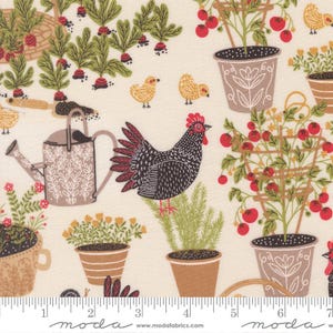 May include: A fabric pattern featuring a whimsical garden scene. The design includes a black and white chicken, tomato plants, watering cans, and small yellow chicks. The color palette is soft, with shades of brown, green, and red on a cream background.