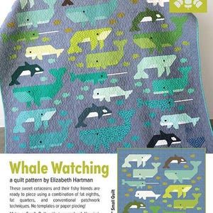 May include: A quilted blanket featuring a pattern of colorful whales and fish in shades of blue, green, and yellow on a gray background. The text "Whale Watching" is displayed, along with details about the quilt pattern. The small quilt measures 48" x 48".