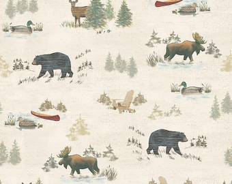 May include: Cream-coloured fabric with a repeating pattern of woodland animals and outdoor elements. The design includes bears, moose, deer, ducks, canoes, Adirondack chairs, and evergreen trees in shades of brown, green, and blue.