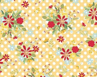 7" End of Bolt Red, White & Bloom Red Picnic Yellow Polka Dot Flower by Kim Christopherson For Maywood Studio MAS9904-S
