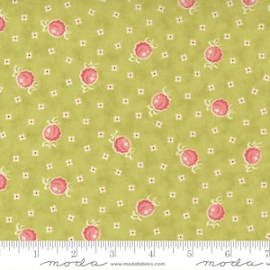 May include: Green fabric with a repeating pattern of small pink flowers and white dots. The fabric is marked with a ruler and the word "moda" in black.