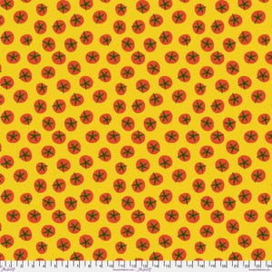 May include: A repeating pattern of red tomato illustrations with green stems on a bright yellow background. The tomatoes are evenly spaced across the fabric, creating a cheerful and vibrant design. The fabric is likely cotton or a similar material.
