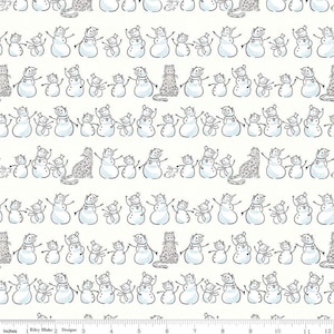 May include: White fabric with a repeating pattern of black line drawings of snowmen and snow leopards. The snowmen are in various poses, some with hats and scarves. The snow leopards are in a walking pose.
