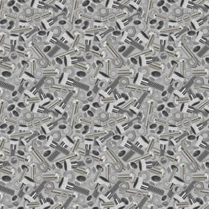 May include: A repeating pattern of silver-colored bolts, screws, and nuts. The hardware is arranged randomly across a light gray background, creating a textured, industrial design. The image is a seamless pattern.