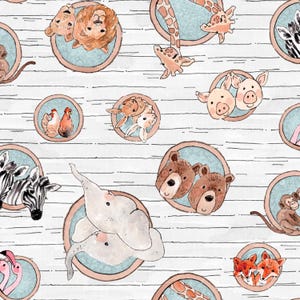 May include: A white background with a repeating pattern of various animals in round frames. The animals include a zebra, elephant, giraffe, lion, fox, bear, pig, chicken, rabbit, and monkey. The frames are light blue with a brown border.