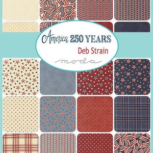 May include: A collection of fabric squares in patriotic colors and patterns. Designs include American flags, stars, stripes, and solid colors in red, white, and blue. The text "America 250 YEARS" is visible.