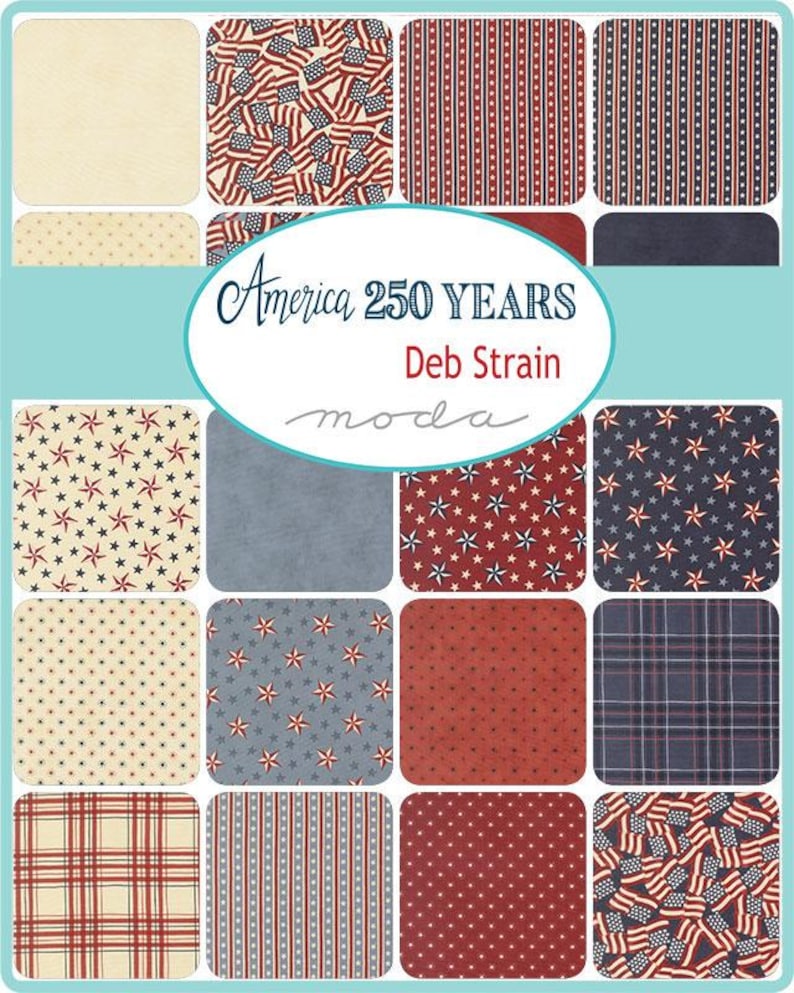 May include: A collection of fabric squares in patriotic colors and patterns. Designs include American flags, stars, stripes, and solid colors in red, white, and blue. The text "America 250 YEARS" is visible.