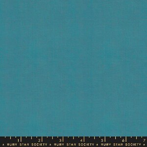 May include: A solid teal blue fabric swatch with a ruler marked in inches and the text "RUBY STAR SOCIETY" repeated along the bottom.