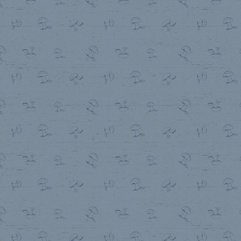 Puede incluir: Un patr&oacute;n repetitivo de peque&ntilde;os hongos esbozados en gris apagado sobre un fondo azul. El dise&ntilde;o tiene una apariencia texturizada, ligeramente desgastada, creando una est&eacute;tica vintage o artesanal. Los hongos est&aacute;n espaciados uniformemente.