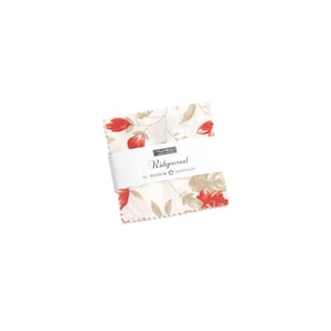 May include: A fabric square with a floral pattern in shades of red, brown, and white. The fabric is labeled "Ridgewood by Minick & Simpson".