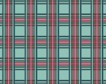 May include: A teal, red, and navy plaid fabric with a grid pattern. The fabric has vertical and horizontal lines in navy, red, and white, creating a classic plaid design. The fabric is marked with inch measurements along the bottom edge.