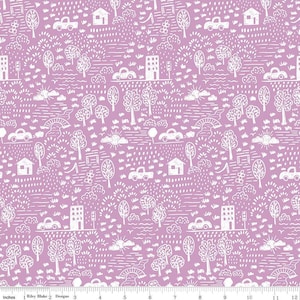 May include: A white on purple fabric with a repeating pattern of houses, cars, trees, and other simple illustrations. The pattern is reminiscent of a child's drawing.