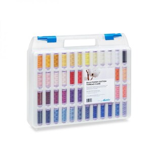 May include: A clear plastic case with a blue handle filled with 50 spools of colorful thread. The case is labeled "Silk-Finish Cotton Thread Case" and has the brand name "Metler" on the label.