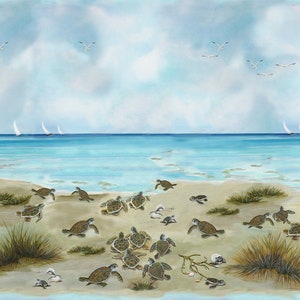 May include: A painting of a beach scene with baby sea turtles making their way to the ocean. The turtles are brown and green and are surrounded by sand, seagrass, and a few seagulls flying overhead. The ocean is a light blue color and there are sailboats in the distance.