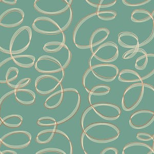 May include: A repeating pattern of cream-colored, ribbon-like swirls with a thin, light brown outline on a teal background. The design features multiple overlapping swirls, creating a dynamic and textured visual effect. The pattern is suitable for various applications.