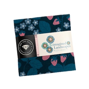 May include: A stack of 5-inch fabric squares with a dark teal background, featuring pink strawberries and light blue flowers. The package includes a label with the text "Reimagined Landscapes by Jen Hewett" and "Ruby Star Society".