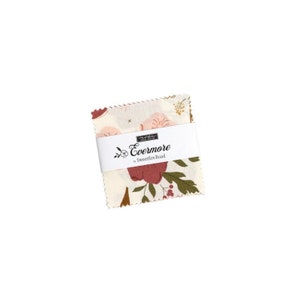 May include: A white fabric square with a floral pattern in shades of pink, brown, and green. The fabric has a label that reads "Evermore by Sweetfire Road".