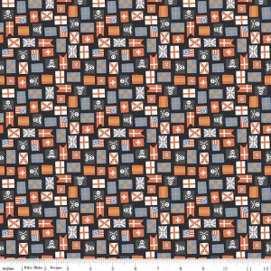 May include: A black fabric with a repeating pattern of colorful flags and skull and crossbones. The flags are in various colors, including red, white, blue, and orange. The fabric is perfect for quilting, crafts, and other sewing projects.