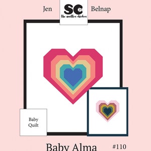 May include: A colorful rainbow heart design baby quilt pattern with the title "Baby Alma" and the number "#110".