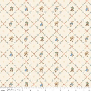 May include: Cream-colored fabric with a repeating pattern of bunnies in blue jackets and green hats, interspersed with floral and vine designs in red and blue. The fabric has a grid-like pattern.