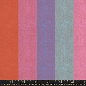 May include: Swatch card with seven fabric samples. The samples are in shades of orange, pink, purple, blue, green, and pink. The card has a ruler with numbers 1 through 7 and the text "RUBY STAR SOCIETY" printed on it.