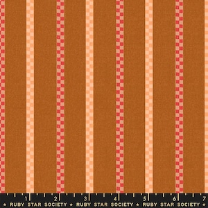 May include: Close-up of fabric with vertical stripes. Alternating stripes of solid brown and checkered red and peach. The bottom of the image has the text "RUBY STAR SOCIETY".