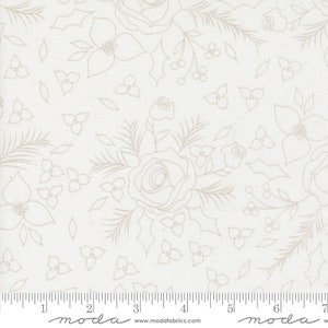 May include: Off-white fabric with a repeating floral pattern. Outlined in a light tan color, the design features roses, leaves, and other botanical elements. The fabric is marked with a ruler along the bottom edge.