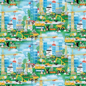 May include: A colorful illustration of a construction site with buildings, cranes, and construction vehicles. The illustration features a repeating pattern of construction vehicles, including excavators, dump trucks, and cement mixers. The illustration is set against a blue sky with white clouds.