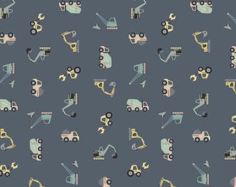 May include: A seamless pattern featuring various construction vehicles in yellow, blue, and green on a dark blue background. The vehicles include a cement mixer, crane, excavator, and dump truck.