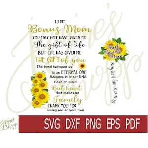 Wasserschiebefolie Aufkleber - To My Bonus Mom Sonnenblume Dxf PNG Eps Pdf für die Verwendung mit Sublimations-Wasserschiebefolien Cricut Silhouette Handwerk Maschinen
