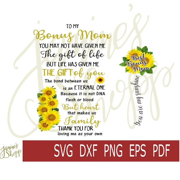 Calcomanía de tobogán de agua - To My Bonus Mom Sunflower dxf png eps pdf para su uso con máquinas artesanales Cricut Silhouette de tobogán de sublimación