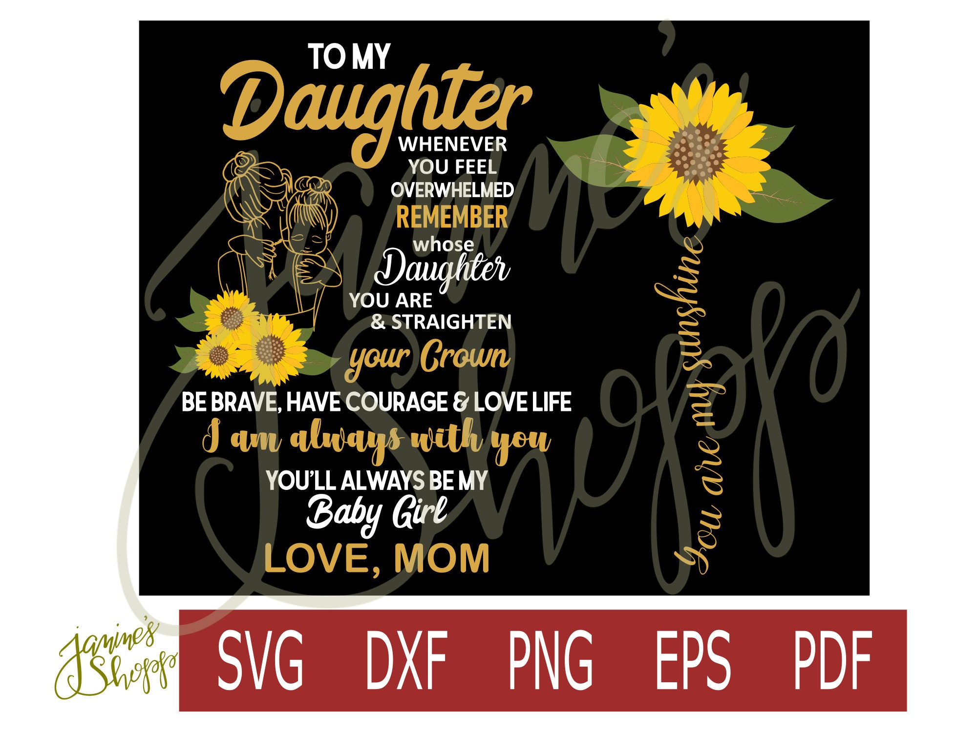 Svg Png đến Con gái tôi Sunflower BLACK BACKGROUND Dxf Eps - Etsy: Mẫu Svg Png đến Con gái tôi Sunflower BLACK BACKGROUND Dxf Eps trên Etsy là một tác phẩm nghệ thuật tinh tế và độc đáo tạo ra bởi các nghệ sĩ hàng đầu. Với định dạng tập tin đa dạng, bạn có thể dễ dàng tải xuống và sử dụng mẫu này trên nhiều hình thức sáng tạo, từ tạo nhãn dán cho túi xách, áo thun, tất cả đều thật tốt.